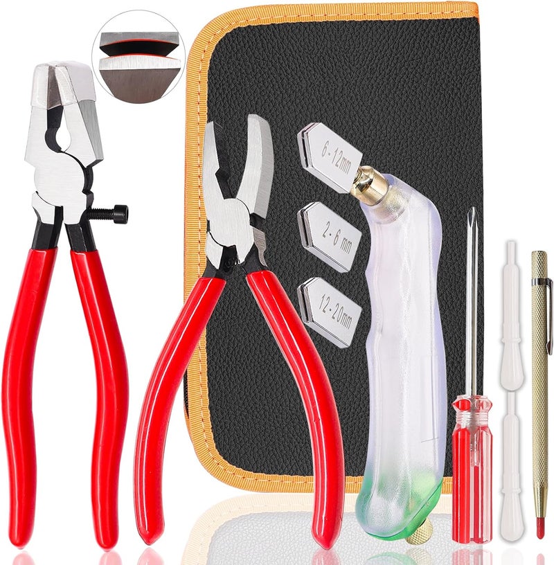 weideer 10pcs Glass Cutting Tool Kit - Glass Cutter, Running Pliers, Grozer Pliers, Oil Feed, Engraving Pen, Screwdriver - Image 1
